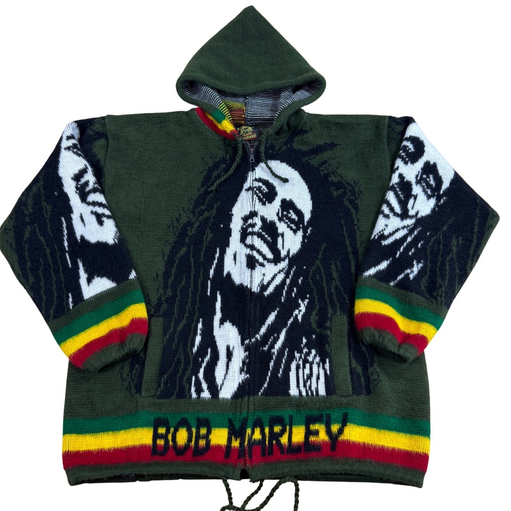 Tejidos Ruminahui Bob Marley Knit Hoodie Men's Large Green Rasta Reggae Full Zip
